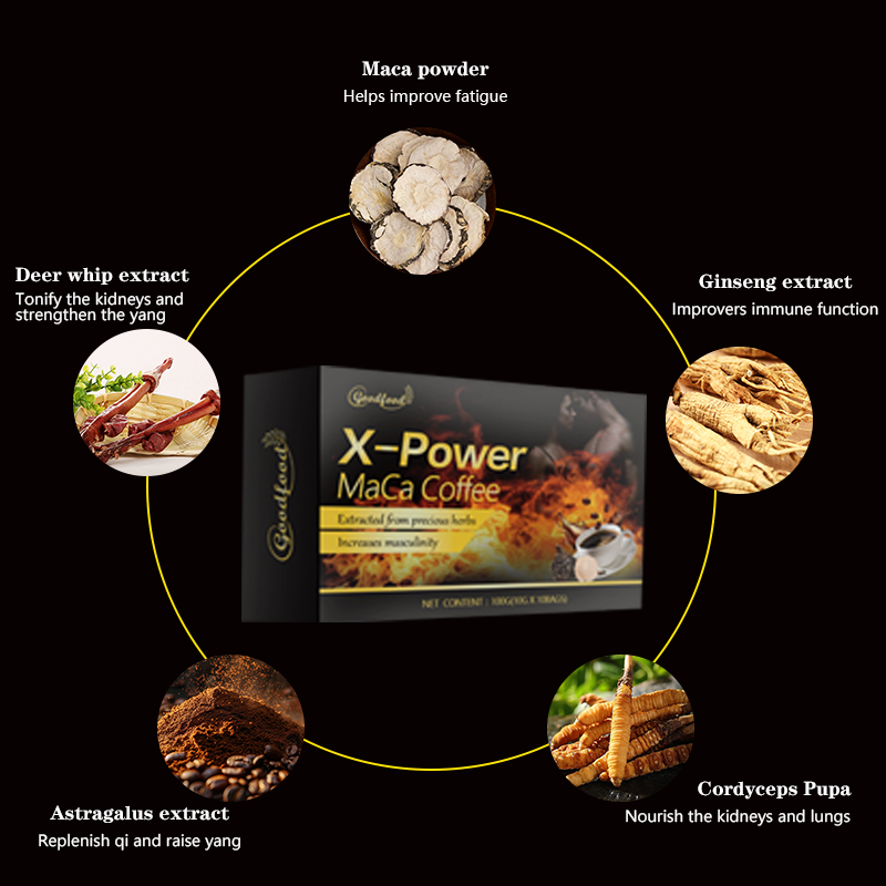 Café Instantáneo de Chocolate con Energía Man X Power para Hombres Marca Privada Riñón Maca Ginseng Suplemento Dietético Fruta Aumento de la Vitalidad