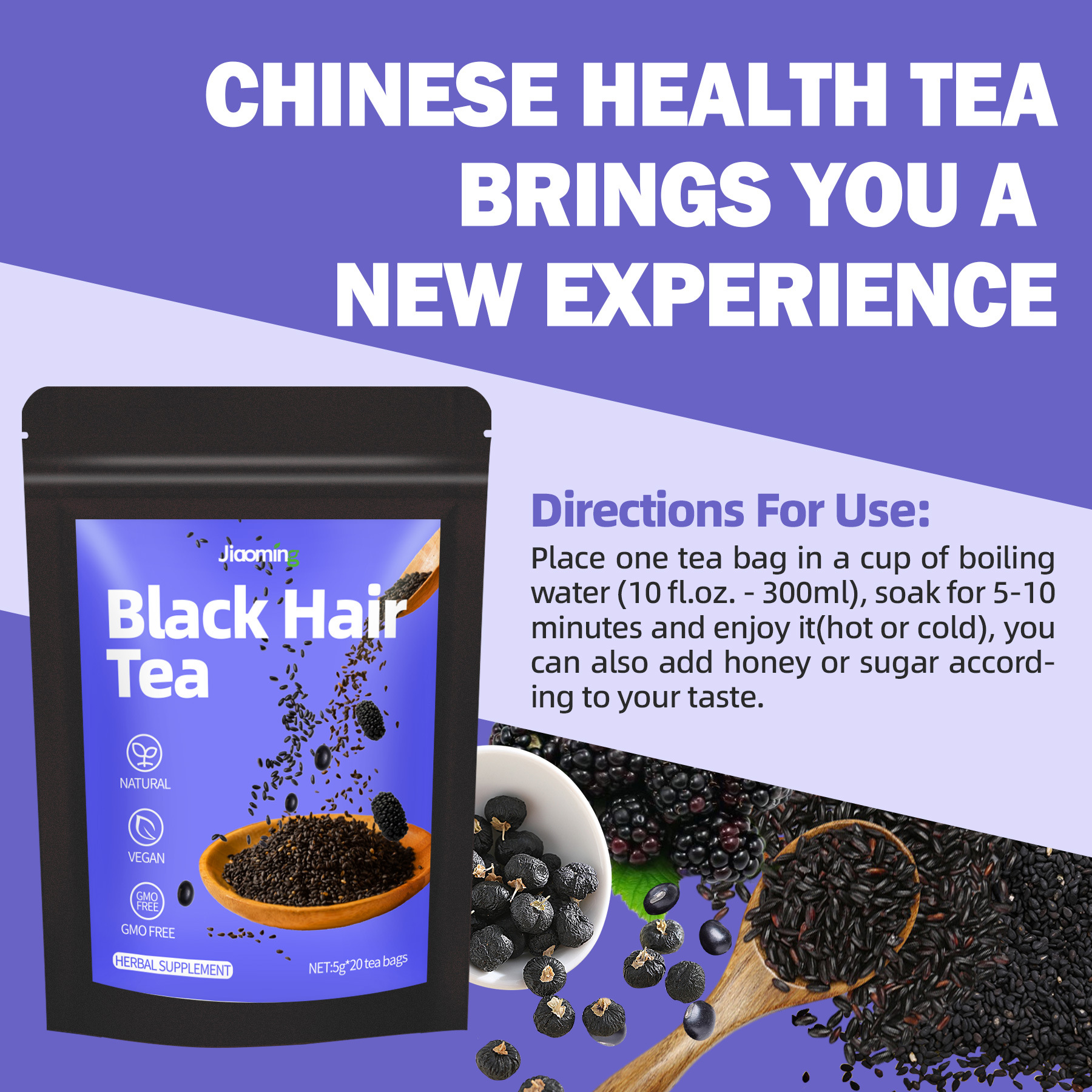 Té de hierbas natural vegano para el cabello negro en bolsitas de té para el apoyo del bienestar capilar