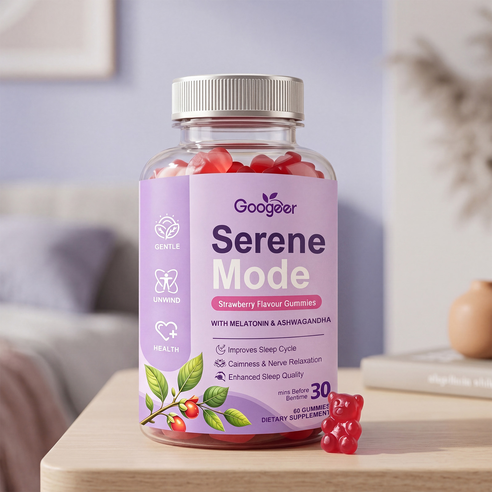 Deliciosas gominolas calmantes Modo Sereno de fresa con melatonina y ashwagandha para la relajaci&oacute;n nocturna y el apoyo al bienestar diario